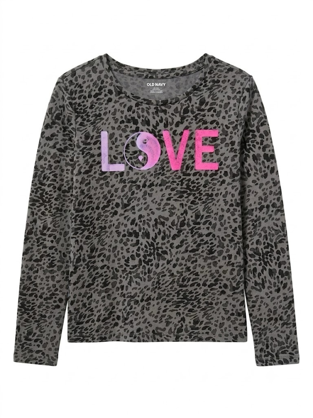 4/$20➡️ Old Navy Gray Leopard Print LOVE Long Sleeve Tee – Size Large (10/12)